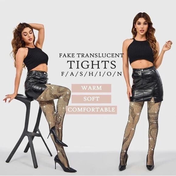Sexy Fake Translucent Tights Stockings Fleece Lined Size Large High-Waist Snake - Picture 10 of 13